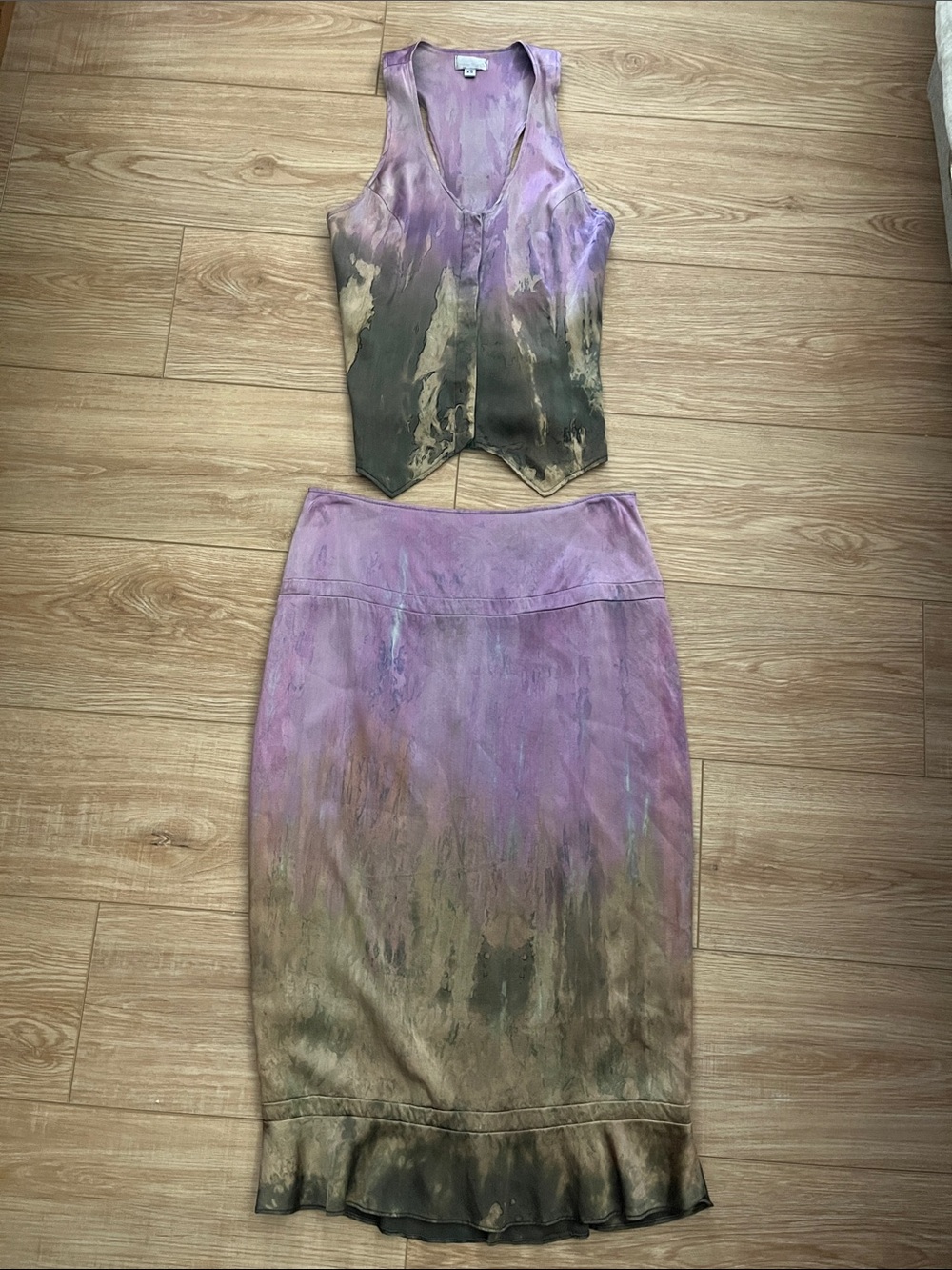 Hand Dyed Lavender And Olive Silk Blouse And Skirt- Women's